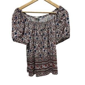 Lucky Brand Floral Smocked Blouse Womens Medium White Puff Sleeve Top